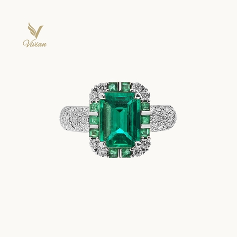 Nhẫn vàng trắng 18K, viên chủ Emerald Zambia, viên phụ Emerald tấm Columbia và kim cương thiên nhiên