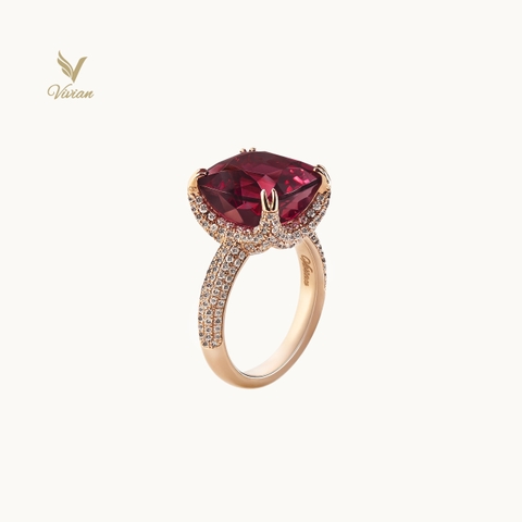 Nhẫn vàng hồng gắn viên chủ Garnet thiên nhiên và kim cương thiên nhiên