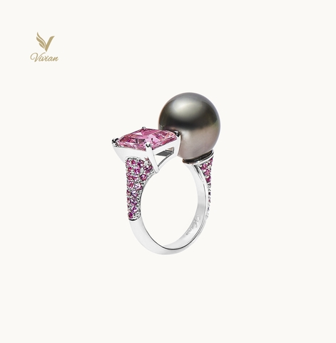 Nhẫn vàng trắng 18K gắn viên Spinel phấn hồng và ngọc trai AAA xám đen
