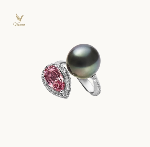 Nhẫn vàng trắng 14K gắn viên Spinel thiên nhiên, ngọc trai biển Tahiti xanh lông công và kim cương thiên nhiên