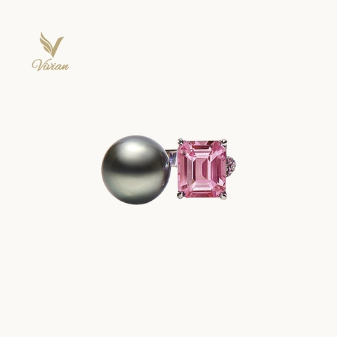 Nhẫn vàng trắng 18K gắn viên Spinel phấn hồng và ngọc trai AAA xám đen