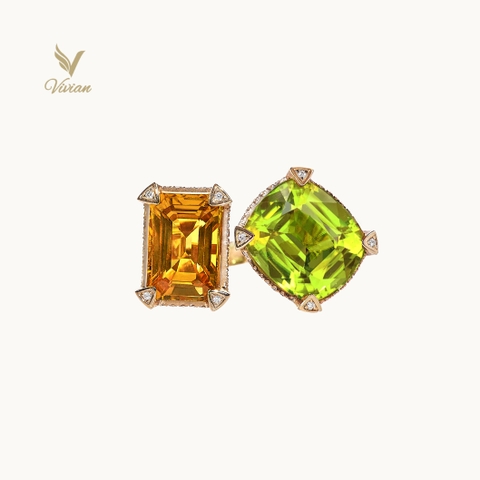 Nhẫn vàng hồng 18K gắn viên chủ Sapphire, Peridot thiên nhiên và kim cương thiên nhiên