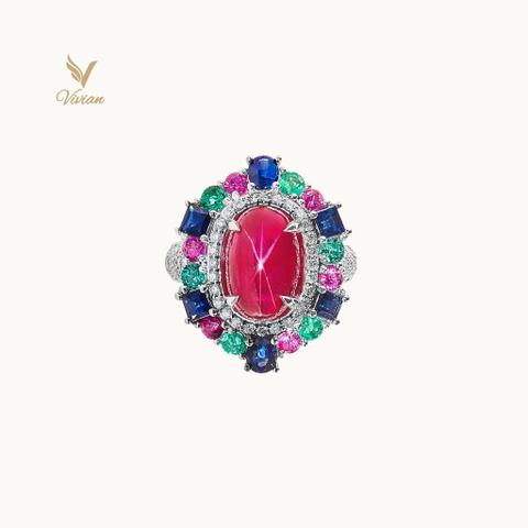 Nhẫn vàng trắng 18K gắn viên chủ Ruby sao, viên phụ Sapphire, Ruby Facet, Emerald, và kim cương thiên nhiên