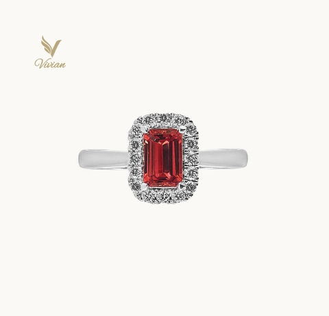 Nhẫn vàng trắng 18K, viên chủ Spinel thiên nhiên màu đỏ cam và kim cương thiên nhiên