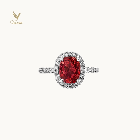 Nhẫn vàng trắng 18K, viên chủ Spinel thiên nhiên màu đỏ cam phớt nâu và kim cương thiên nhiên