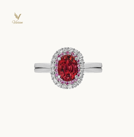 Nhẫn vàng trắng 18K, viên chủ Spinel thiên nhiên màu đỏ cam phớt nâu