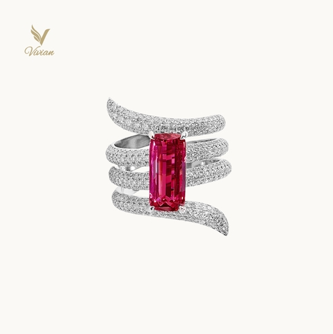 Nhẫn vàng trắng 18K, viên chủ Spinel thiên nhiên hồng tím phớt nâu và kim cương thiên nhiên