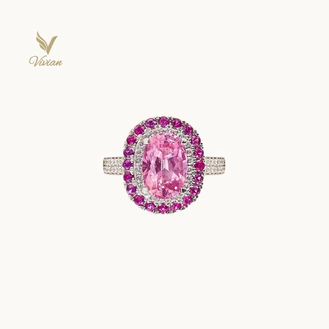 Nhẫn vàng trắng 18K, viên chủ Spinel thiên nhiên màu hồng phớt tím và kim cương thiên nhiên