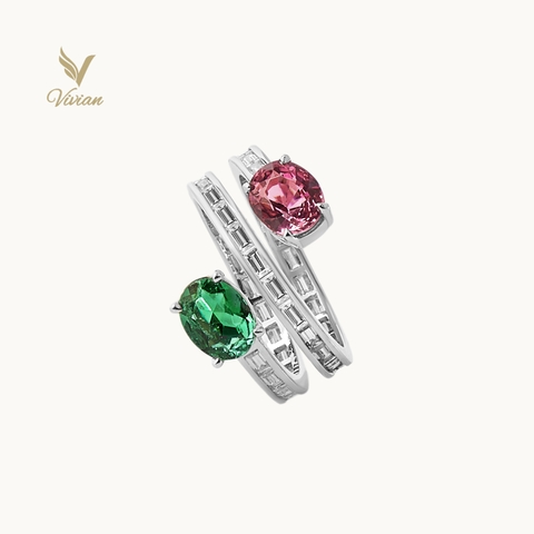 Nhẫn vàng trắng 14K, viên chủ Tourmaline và Spinel thiên nhiên, đính kim cương moissanite dáng baguette