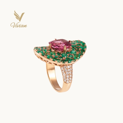 Emerald Lotus - Nhẫn vàng hồng gắn Emerald tấm, viên chủ Spinel và kim cương thiên nhiên