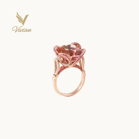Nhẫn vàng hồng 18K gắn Amethyst (Thạch anh tím) màu trà, ruby tấm và kim cương moissanite