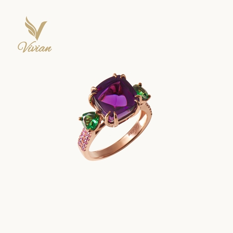 Nhẫn vàng hồng gắn Amethyst (Thạch anh tím), Garnet xanh mix Emerald & Spinel hồng