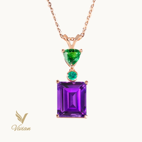 Dây chuyền vàng hồng gắn mặt dây vàng hồng 14K, viên chủ Amethyst (Thạch anh tím), Garnet kết hợp Emerald thiên nhiên