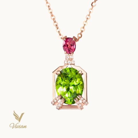 Dây chuyền vàng hồng Ý 18K, mặt dây vàng hồng 14K gắn viên chủ Peridot thiên nhiên và viên phụ Spinel tím hồng thiên nhiên không có dấu hiệu xử lý nhiệt, 41 viên kim cương thiên nhiên
