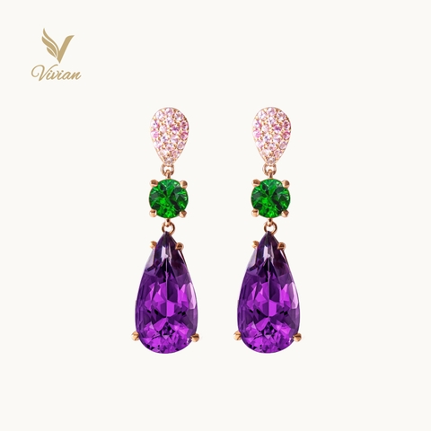 Hoa tai vàng hồng 18K, viên chủ Amethyst (Thạch anh tím), viên phụ Garnet xanh kết hợp Emerald và Spinel hồng