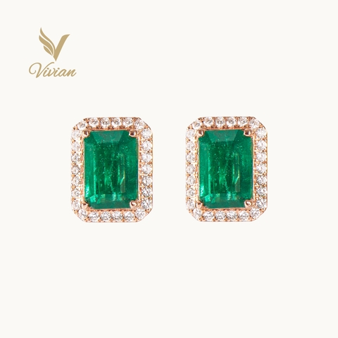 Hoa tai vàng hồng 18K, viên chủ Emerald và kim cương thiên nhiên