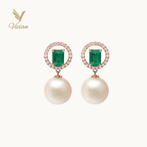 Hoa tai vàng hồng 18K, viên chủ Emerald và ngọc trai South sea chất lượng AAA, kim cương thiên nhiên