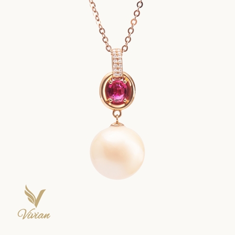 Dây chuyền vàng hồng 18K gắn Ruby thiên nhiên, ngọc trai Edison và kim cương thiên nhiên