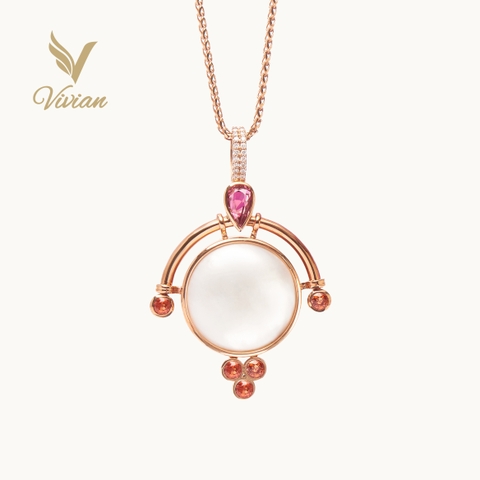 Dây chuyền vàng hồng 18K, gắn Spinel nâu hồng, Sapphire vàng, mặt trai Mabe trên 17 li và kim cương thiên nhiên