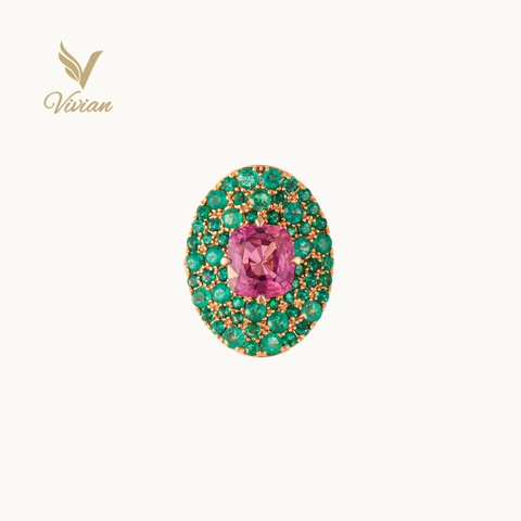 Emerald Lotus - Nhẫn vàng hồng gắn Emerald tấm, viên chủ Spinel và kim cương thiên nhiên