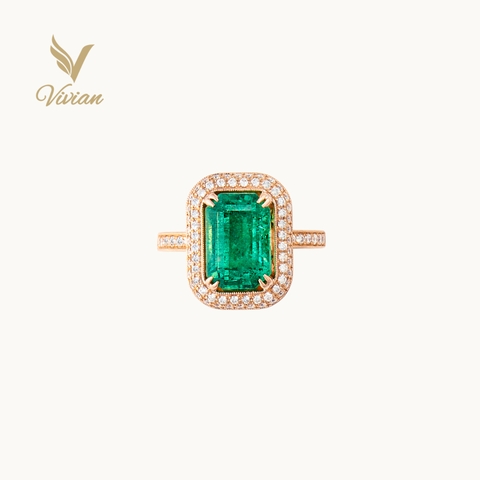 Nhẫn vàng hồng 18K, viên chủ Emerald, đính kim cương thiên nhiên