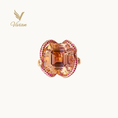 Nhẫn vàng hồng 18K gắn Amethyst (Thạch anh tím) màu trà, ruby tấm và kim cương moissanite