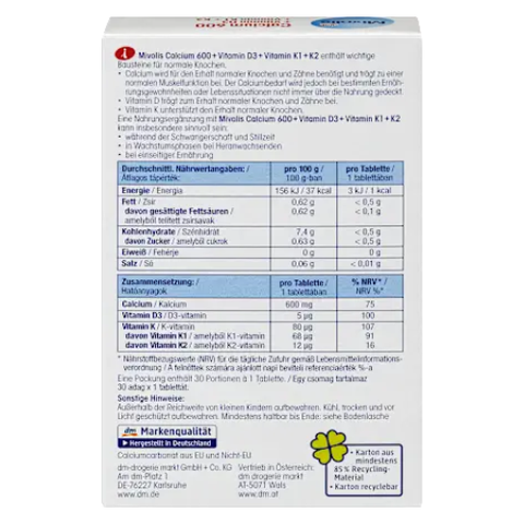 Viên uống Mivolis Calcium 600 + Vitamin D3 + K1 + K2, 30 Viên