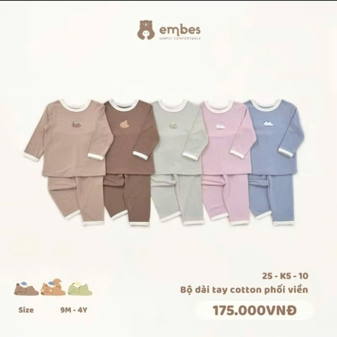 Bộ dài tay cotton phối viền Embes  5 màu (sz 9m-4y)
