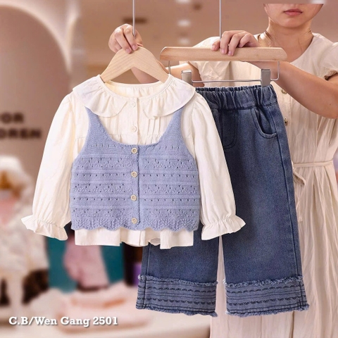 Set quần xuông+ sơ mi bèo kèm gile len xanh (90-130)