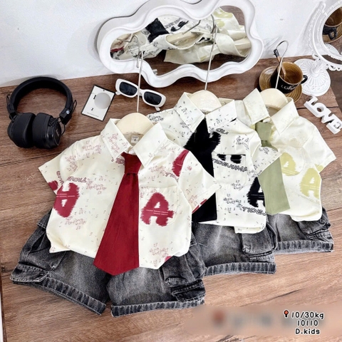 Set sơ mi loang quần bò đen kèm cà vạt bé trai ( đỏ 12-18kg, xanh 18-28kg)