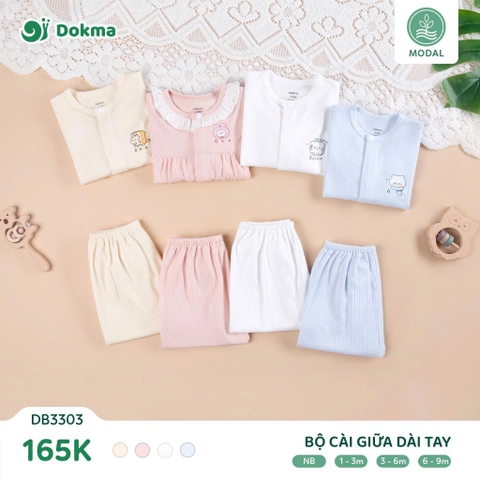 Bộ sơ sinh dài tay giấu cúc Dokma ( 0-6m; trắng, hồng, kem)