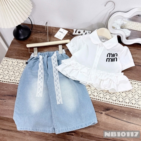 Set sơ mi bèo Min+ quần bò bé gái ( trắng 18-28kg, hồng 12-28kg)