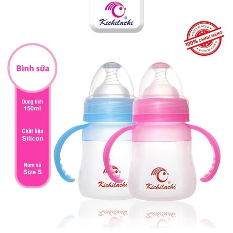 Bình sữa Kichi silicon có tay cầm kèm thìa 0+ 150ml