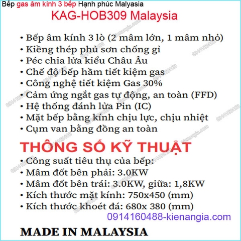 Bếp 3 gas âm kính đen sung túc Capri Malaysia KAG-HOB309 Malaysia