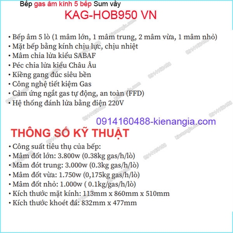 Bếp 5 gas âm kính đen sung túc Capri KAG-KAG-HOB950 VN