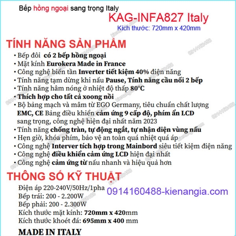 Bếp điện hồng ngoại đôi hiện đại thông minh Capri Italy KAG-INFA827 Italy