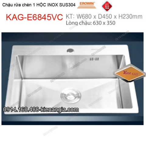 Chậu rửa chén 1 hộc 68x45 cm inox304 EROWIN KAG-E6845VC