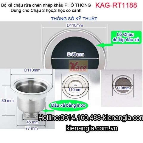 Bộ xả phổ thông chậu rửa chén 2 hộc nhập khẩu KAG-RT1188