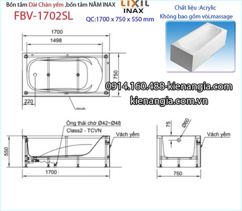Bồn tắm dài Inax chân yếm acrylic 17 mét INAX-FBV1702SL