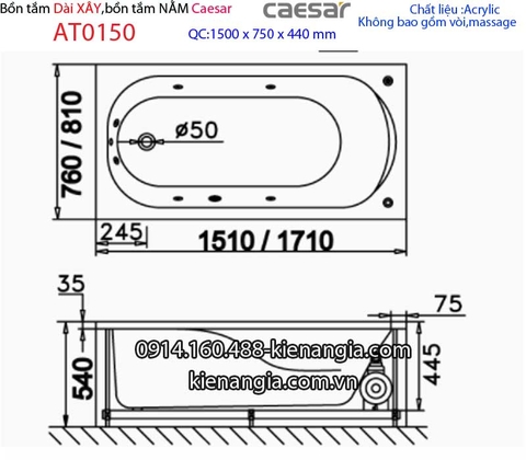 Bồn tắm xây dài 15 mét Caesar-AT0150