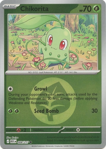 Thẻ hình Pokemon Chikorita 008/217 - Lá bài lẻ Ascended Heroes Common Energy Symbol Holo tiếng Anh chính hãng