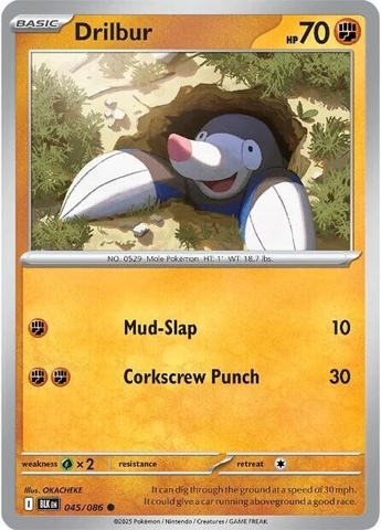 Thẻ hình Pokemon Drilbur 045/086 - Lá bài lẻ Black Bolt Common Reverse Holo Poke Ball Holo tiếng Anh chính hãng