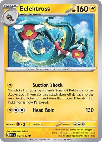 Thẻ hình Pokemon Eelektross 069/197 - Lá bài lẻ Obsidian Flames Uncommon Reverse Holo tiếng Anh chính hãng