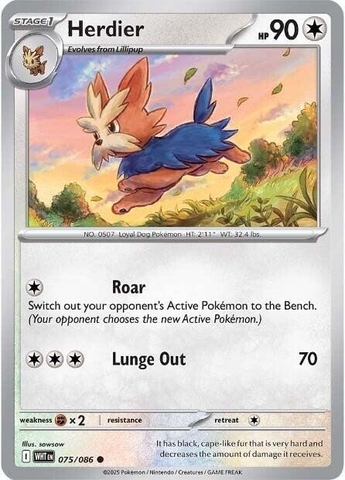 Thẻ hình Pokemon Herdier 075/086 - Lá bài lẻ White Flare Common Reverse Holo tiếng Anh chính hãng