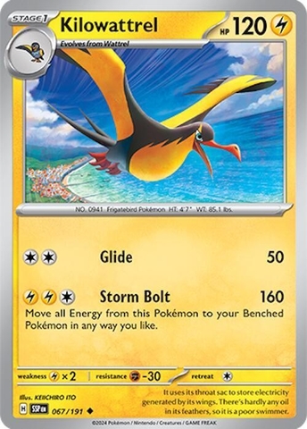 Thẻ hình Pokemon Kilowattrel 067/191 - Lá bài lẻ Surging Sparks Uncommon Reverse Holo tiếng Anh chính hãng