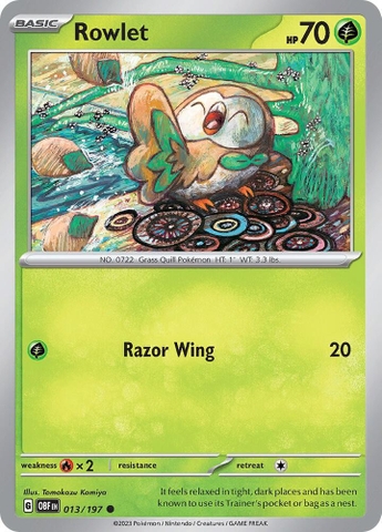 Thẻ hình Pokemon Rowlet 013/197 - Lá bài lẻ Obsidian Flames Common Reverse Holo tiếng Anh chính hãng