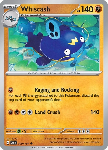 Thẻ hình Pokemon Whiscash 109/197 - Lá bài lẻ Obsidian Flames Uncommon Reverse Holo tiếng Anh chính hãng