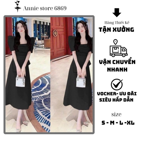 Set Áo Tay Phồng Xếp Ly Ngực Phối Chân Váy A Thanh Lịch. Nữ Women. A-031. Đen