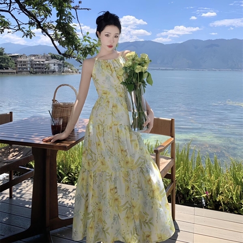 Đầm maxi cổ yếm hở lưng quyến rũ. A-0131 Women Dress