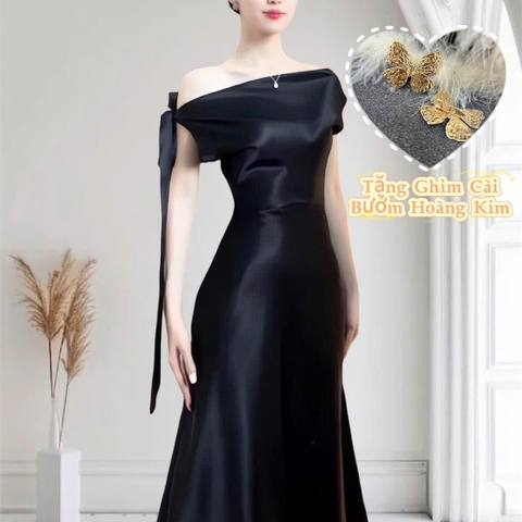 Đầm Lụa Lệch Vai Cột Nơ Sang Trọng ANNIE- A-0143 - Màu đen ( Tặng kèm ghim cài )